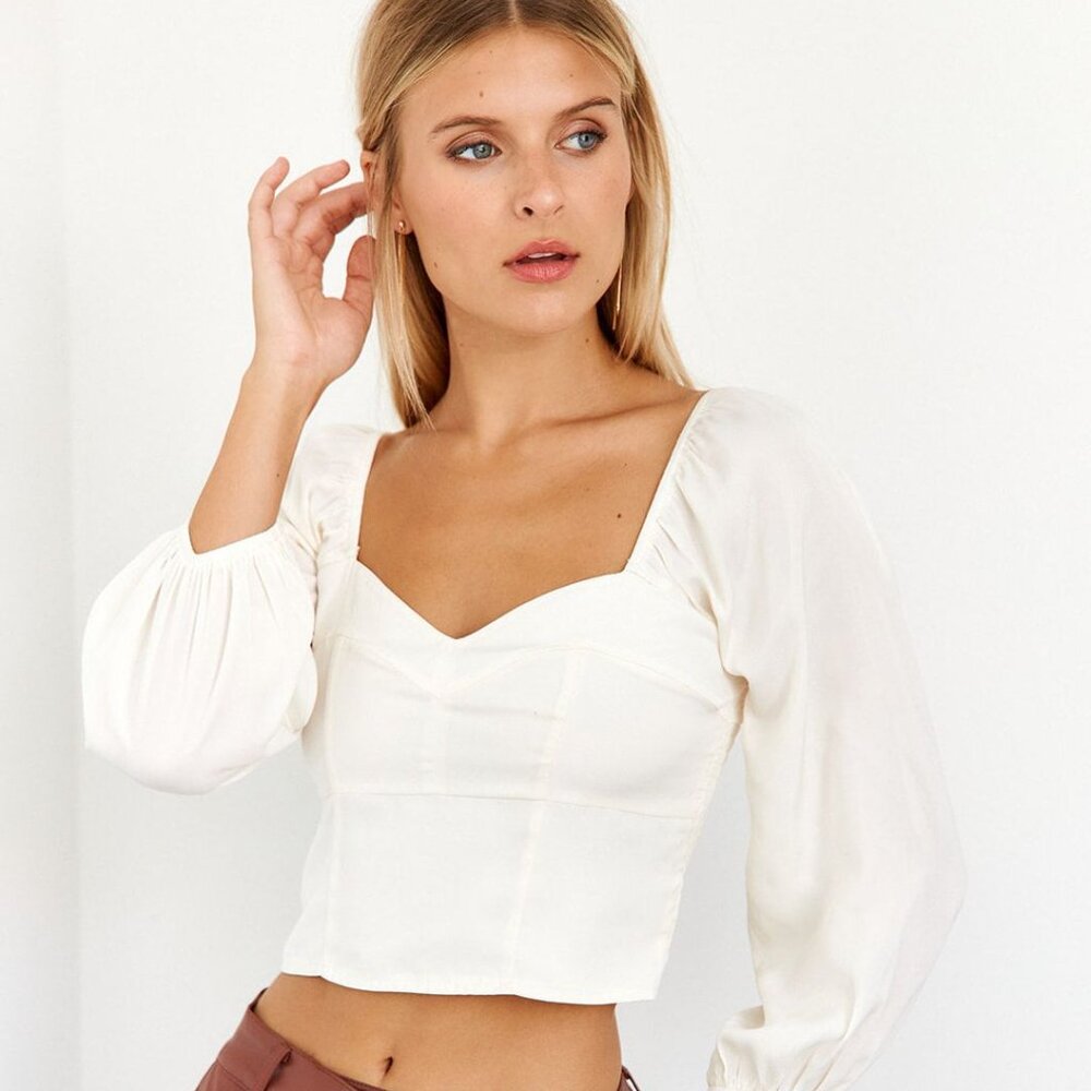TCEC Fab'rik Kynlee Cropped Puff Sleeve Blouse Women's Large Cream Smocked NWT